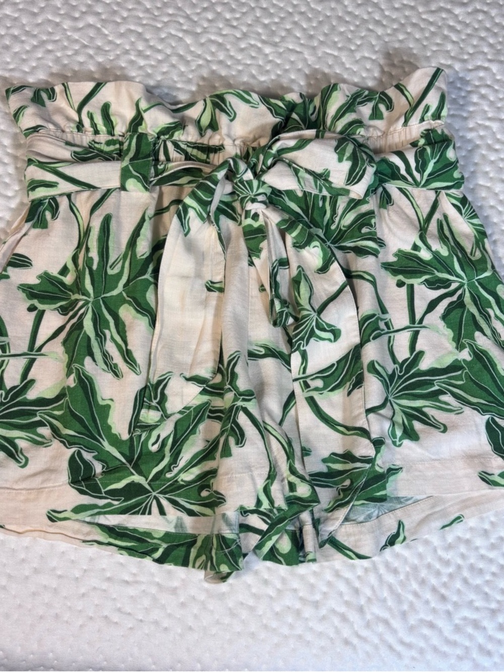 High-Waist Green Leaf Print Paperbag Shorts with Tie
